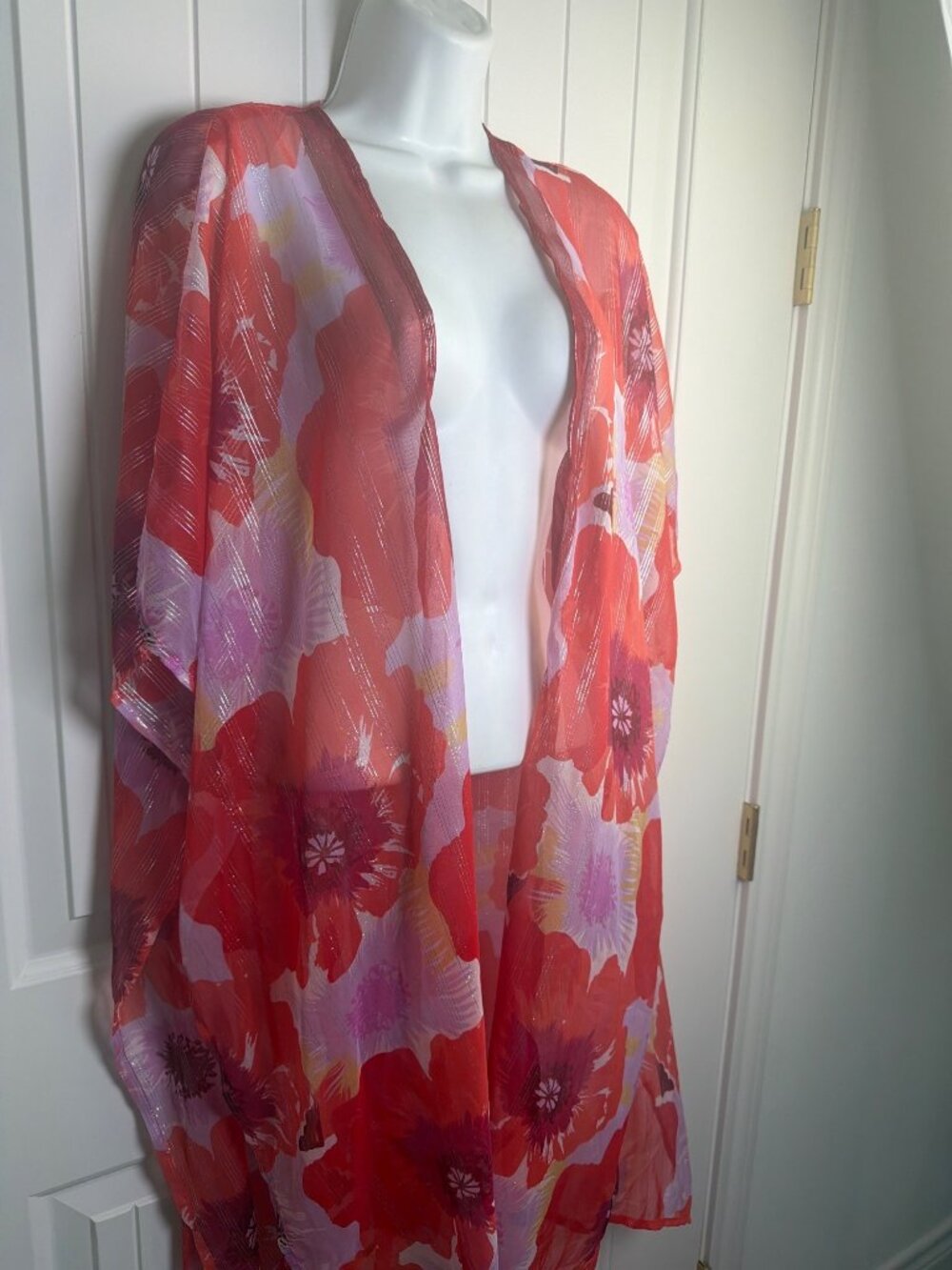 Nine West Sheer Floral Open-Front Kimono One Size Red/Purple Multicolor, NWT - Picture 3 of 8